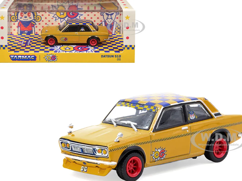 Datsun 510 "OG Beer" Yellow with Checkered Top "Hobby64" Series 1/64 Diecast Model Car by Tarmac Works