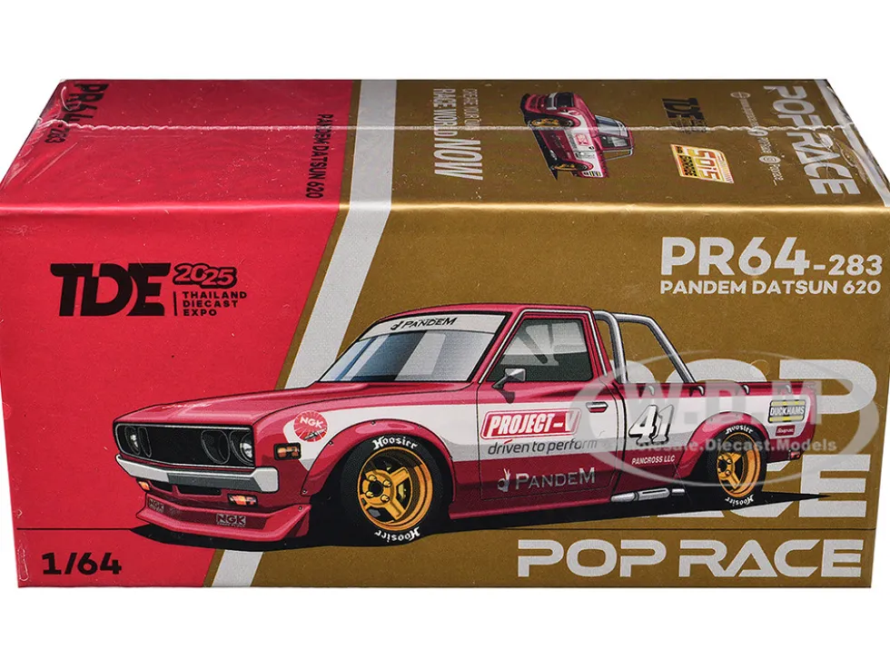 Datsun Pandem 620 Pickup Truck #41 Red Metallic with White Stripes and Graphics "2025 Thailand Diecast Expo" 1/64 Diecast Model Car by Pop Race
