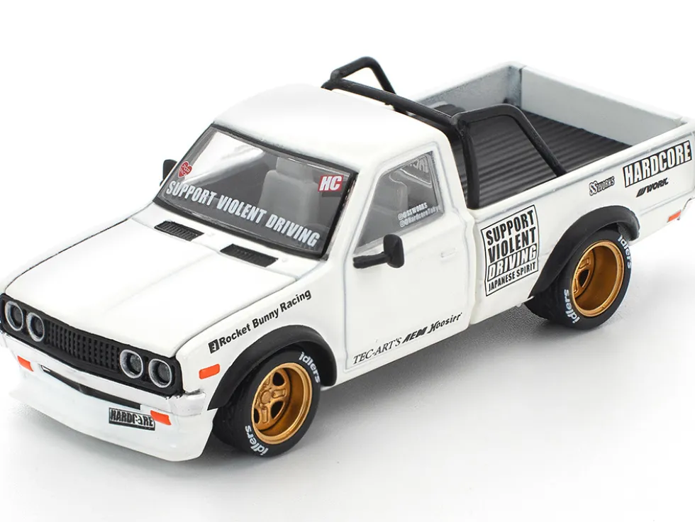 Datsun Pandem 620 Pickup Truck "Rocket Bunny Racing" White with Graphics 1/64 Diecast Model Car by Pop Race