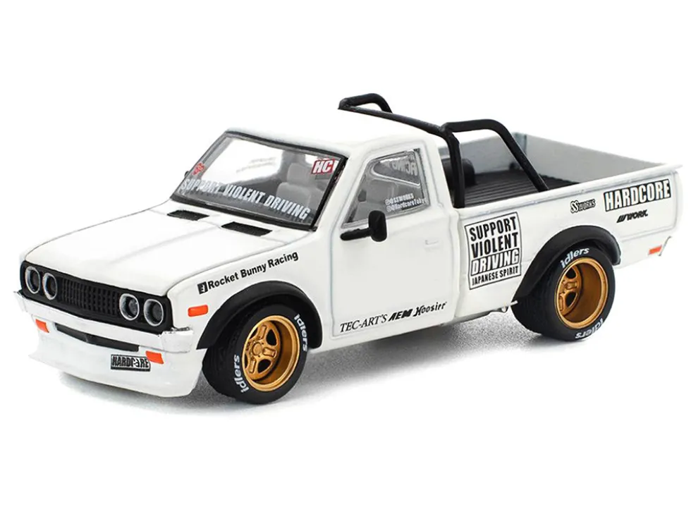 Datsun Pandem 620 Pickup Truck "Rocket Bunny Racing" White with Graphics 1/64 Diecast Model Car by Pop Race