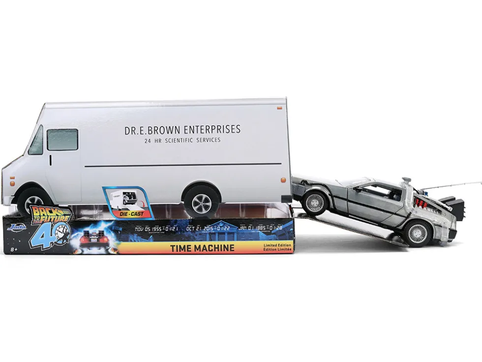 DeLorean Brushed Metal Time Machine with Lights "Back to the Future" (1985) Movie "40th Anniversary" Special Packaging "Hollywood Rides" Series 1/24 Diecast Model Car by Jada