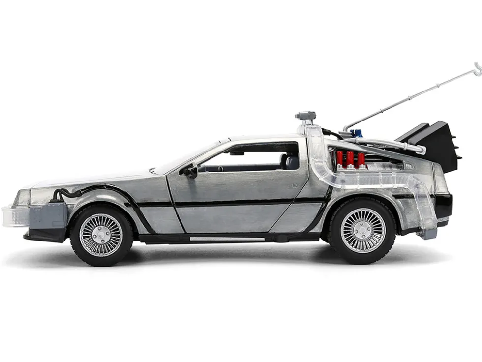DeLorean Brushed Metal Time Machine with Lights "Back to the Future" (1985) Movie "40th Anniversary" Special Packaging "Hollywood Rides" Series 1/24 Diecast Model Car by Jada
