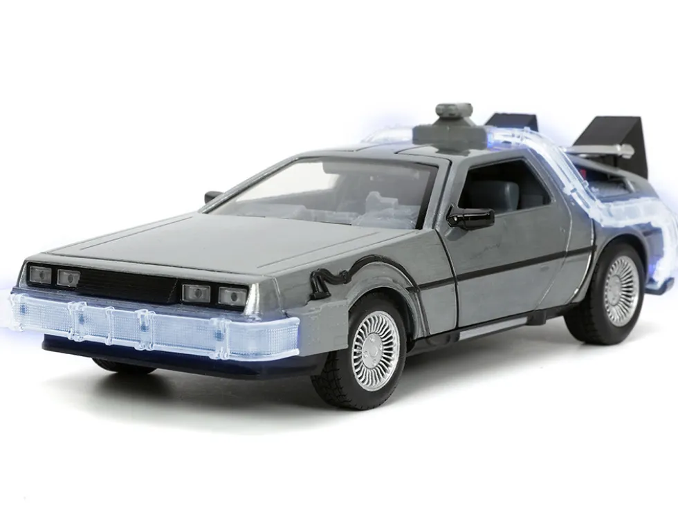 DeLorean Brushed Metal Time Machine Lights Back to the Future 1985 Movie Hollywood Rides Series 1/24 Diecast Model Car Jada 32911