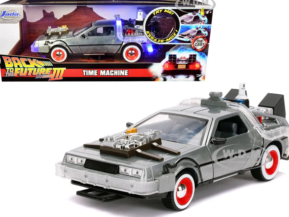 DeLorean Brushed Metal Time Machine Lights Back to the Future Part III 1990 Movie Hollywood Rides Series 1/24 Diecast Model Car Jada 32166