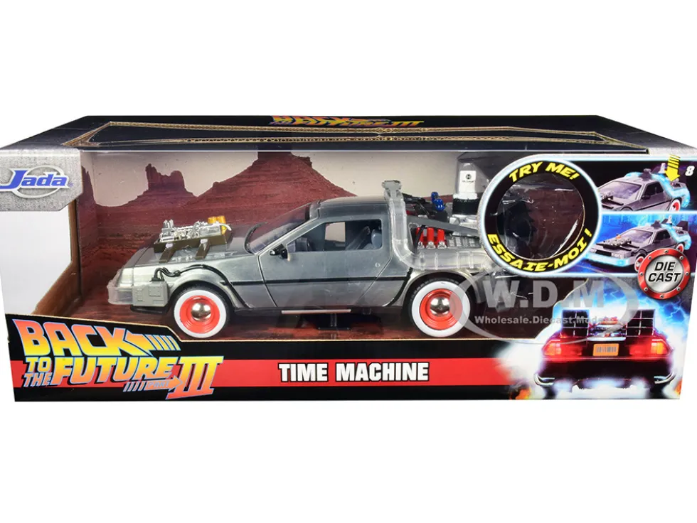 DeLorean Brushed Metal Time Machine Lights Back to the Future Part III 1990 Movie Hollywood Rides Series 1/24 Diecast Model Car Jada 32166