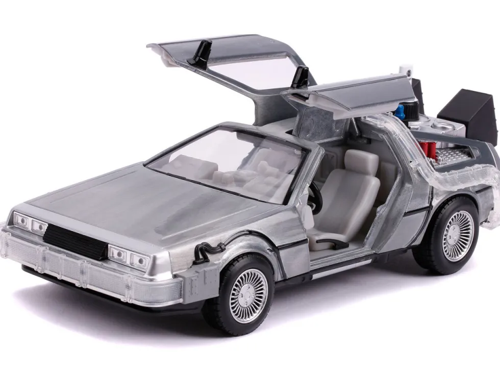 DeLorean Brushed Metal Time Machine with Lights Flying Version Back to the Future Part II 1989 Movie Hollywood Rides Series 1/24 Diecast Model Car Jada 31468