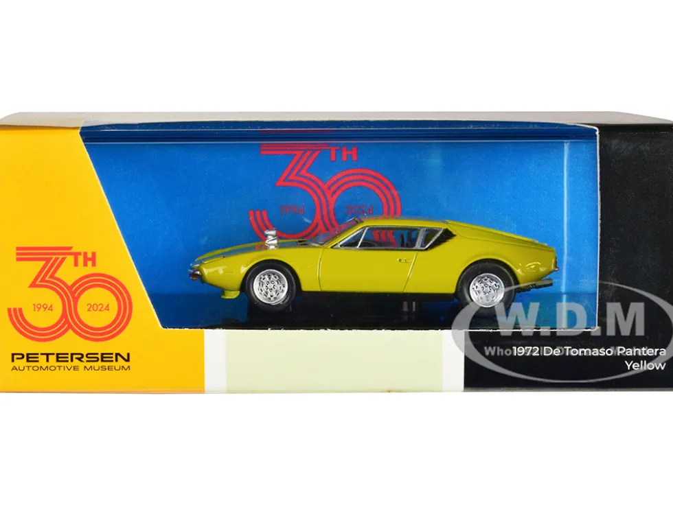 1972 De Tomaso Pantera Yellow Petersen Automotive Museum 30th Anniversary 1/64 Diecast Model Car Paragon Models PA-55643