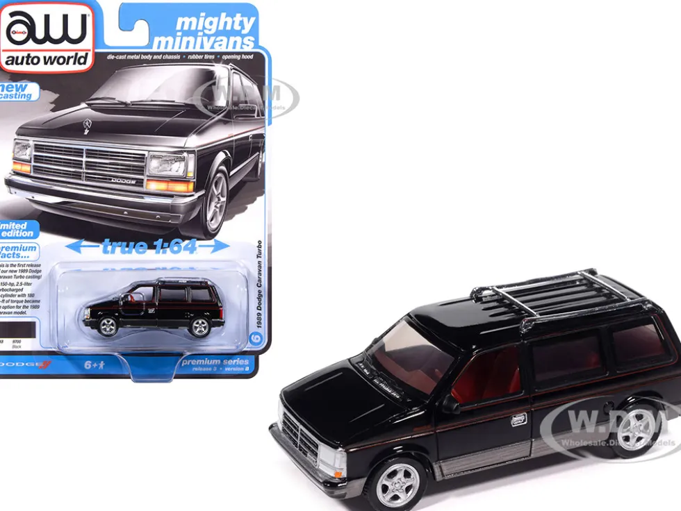 1989 Dodge Caravan Turbo Van Black with Red Stripes and Interior "Mighty Minivans" Series 1/64 Diecast Model Car by Auto World
