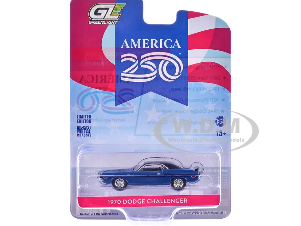 1970 Dodge Challenger Blue with Black Top "America 250 Edition" "Anniversary Collection" Series 18 1/64 Diecast Model Car by Greenlight