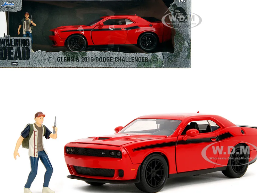 2015 Dodge Challenger Red with Black Stripes and Glenn Diecast Figure "The Walking Dead" (2010-2022) TV Series "Hollywood Rides" Series 1/24 Diecast Model Car by Jada