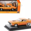 1971 Dodge Challenger R/T 440 Orange with Yellow Stripes and White Interior Limited Edition to 5250 pieces Worldwide 1/24 Diecast Model Car by M2 Machines