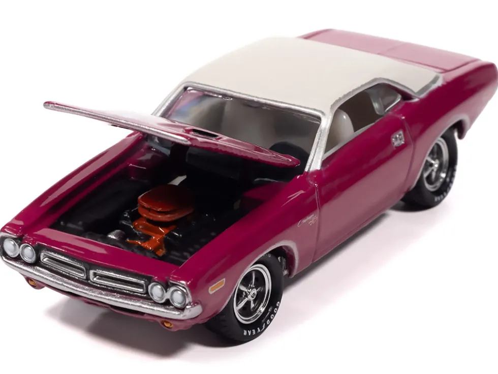 1971 Dodge Challenger R/T Panther Pink with White Top and Interior "Classic Gold Collection" 1/64 Diecast Model Car by Johnny Lightning