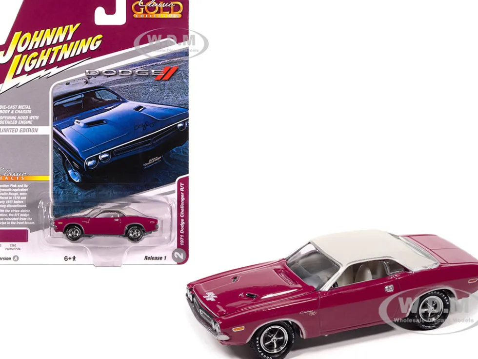 1971 Dodge Challenger R/T Panther Pink with White Top and Interior "Classic Gold Collection" 1/64 Diecast Model Car by Johnny Lightning