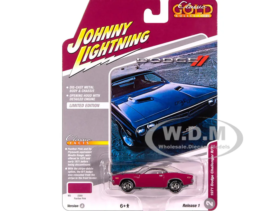 1971 Dodge Challenger R/T Panther Pink with White Top and Interior "Classic Gold Collection" 1/64 Diecast Model Car by Johnny Lightning