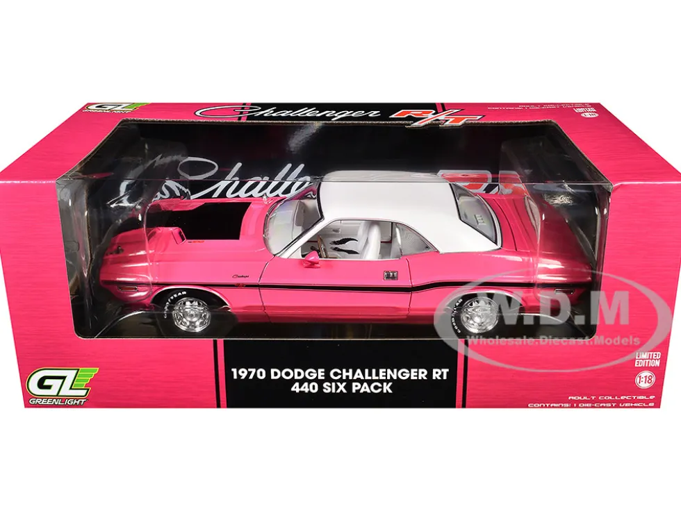 1970 Dodge Challenger R/T 440 Six Pack Panther Pink with Black Stripes, White Top and White Interior 1/18 Diecast Model Car by Greenlight