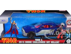 2015 Dodge Challenger SRT Hellcat Dark Blue Graphics Red Interior Thor Diecast Figure The Mighty Thor Marvel Series 1/24 Diecast Model Car Jada 32186