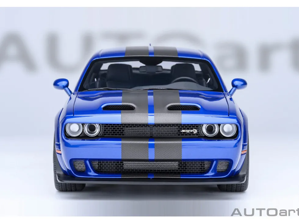 2022 Dodge Challenger SRT Jailbreak Indigo Blue Metallic with Carbon Stripes 1/18 Model Car by Autoart