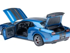 2023 Dodge Challenger SRT Super Stock Frostbite Blue Metallic with Carbon Stripes 1/18 Model Car by Autoart