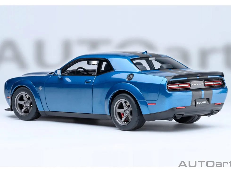 2023 Dodge Challenger SRT Super Stock Frostbite Blue Metallic with Carbon Stripes 1/18 Model Car by Autoart