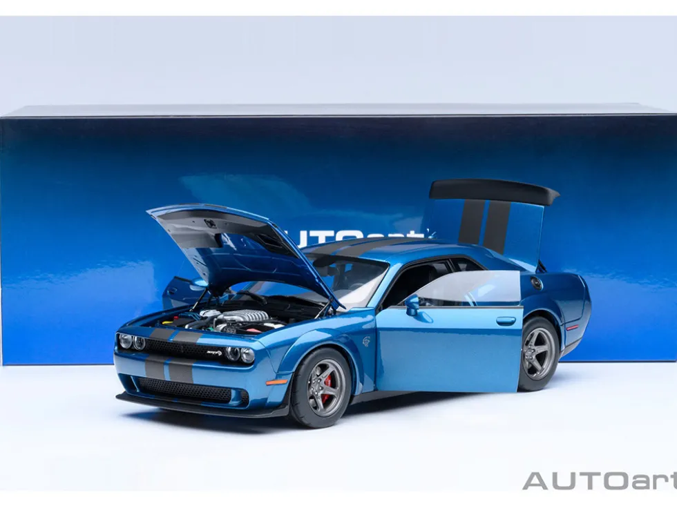 2023 Dodge Challenger SRT Super Stock Frostbite Blue Metallic with Carbon Stripes 1/18 Model Car by Autoart