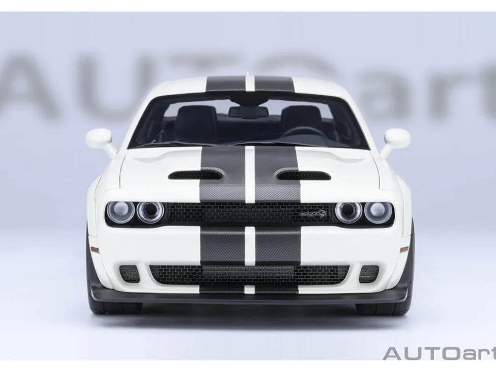 2023 Dodge Challenger SRT Super Stock Knuckle White with Carbon Stripes 1/18 Model Car by Autoart