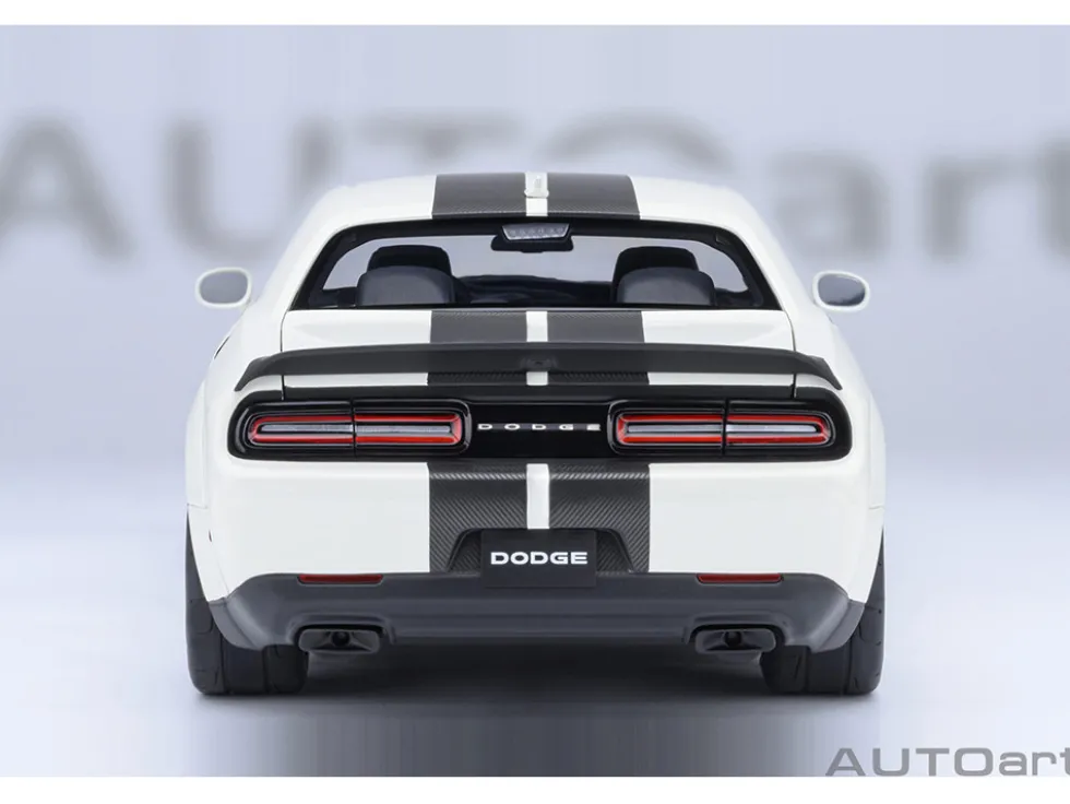 2023 Dodge Challenger SRT Super Stock Knuckle White with Carbon Stripes 1/18 Model Car by Autoart