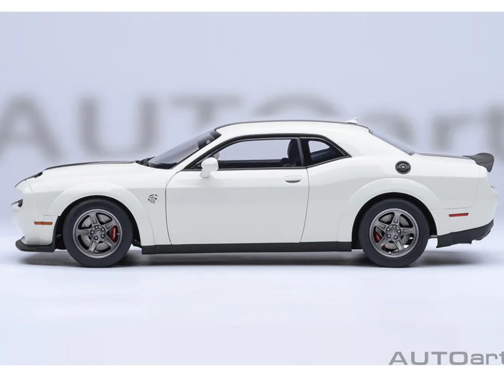 2023 Dodge Challenger SRT Super Stock Knuckle White with Carbon Stripes 1/18 Model Car by Autoart