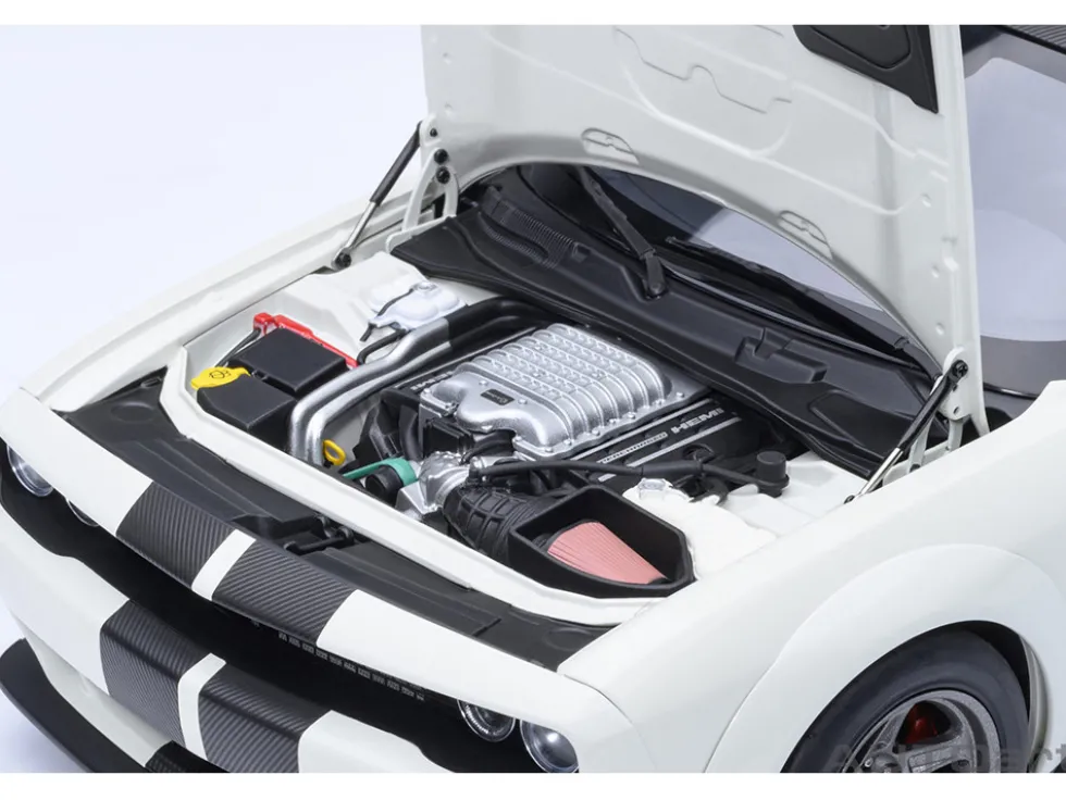 2023 Dodge Challenger SRT Super Stock Knuckle White with Carbon Stripes 1/18 Model Car by Autoart