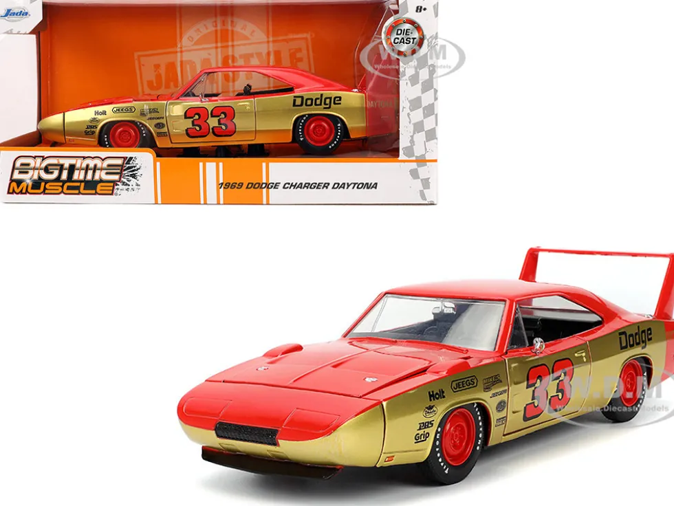 1969 Dodge Charger Daytona #33 Red and Gold Metallic with Graphics "Bigtime Muscle" Series 1/24 Diecast Model Car by Jada