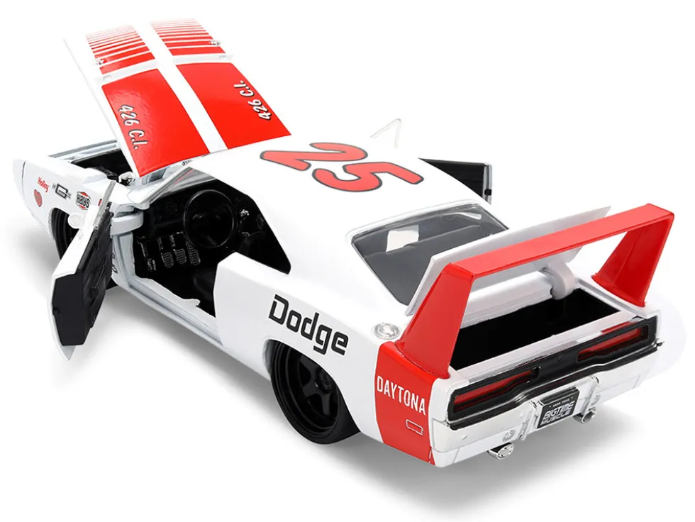 1969 Dodge Charger Daytona #25 White with Red Stripes "Bigtime Muscle" Series 1/24 Diecast Model Car by Jada