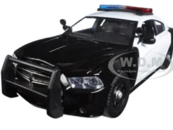 2011 Dodge Charger Pursuit Police Car Black and White with Flashing Light Bar, Front and Rear Lights and 2 Sounds 1/24 Diecast Model Car Motormax 79533
