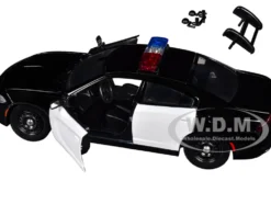 2023 Dodge Charger Pursuit Police Car Black and White with Flashing Light Bar, Front and Rear Lights and 2 Sounds "Builder's Kit" 1/24 Diecast Model Car by Motormax