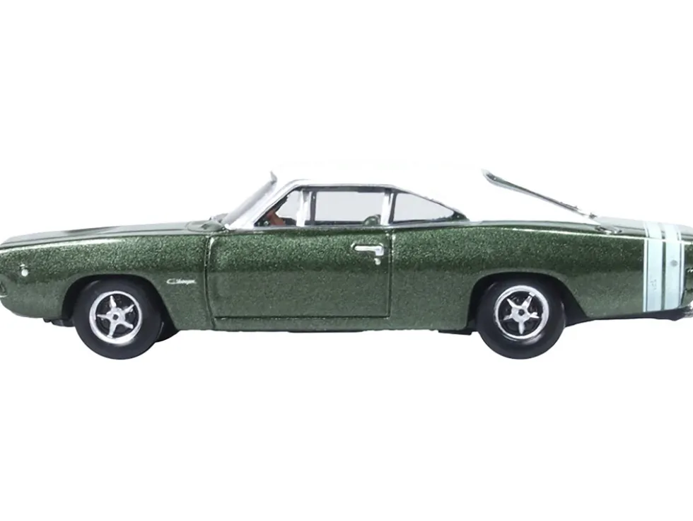 1968 Dodge Charger Racing Green Metallic with White Top and Tail Stripe 1/87 (HO) Scale Diecast Model Car by Oxford Diecast