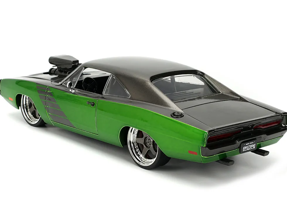 1970 Dodge Charger R/T Dark Gray Metallic and Green Metallic with Dark Gray Stripes "Bigtime Muscle" Series 1/24 Diecast Model Car by Jada