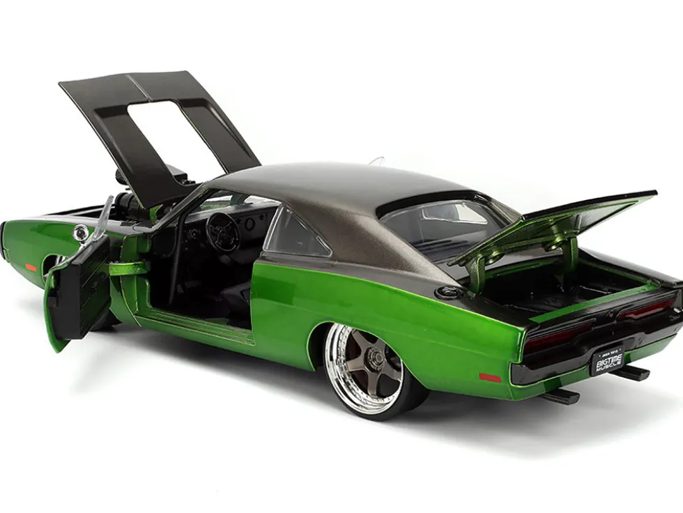 1970 Dodge Charger R/T Dark Gray Metallic and Green Metallic with Dark Gray Stripes "Bigtime Muscle" Series 1/24 Diecast Model Car by Jada