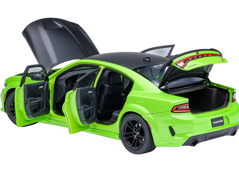 Dodge Charger Scat Pack Widebody Sublime Green with Matt Black Hood and Top 1/18 Model Car by Autoart
