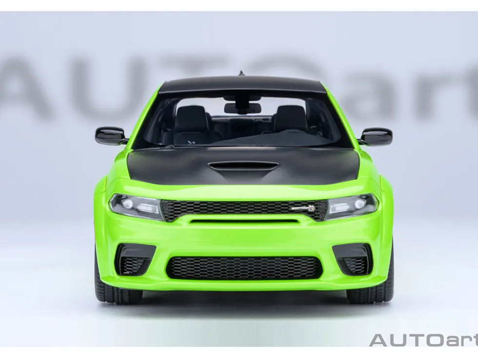 Dodge Charger Scat Pack Widebody Sublime Green with Matt Black Hood and Top 1/18 Model Car by Autoart