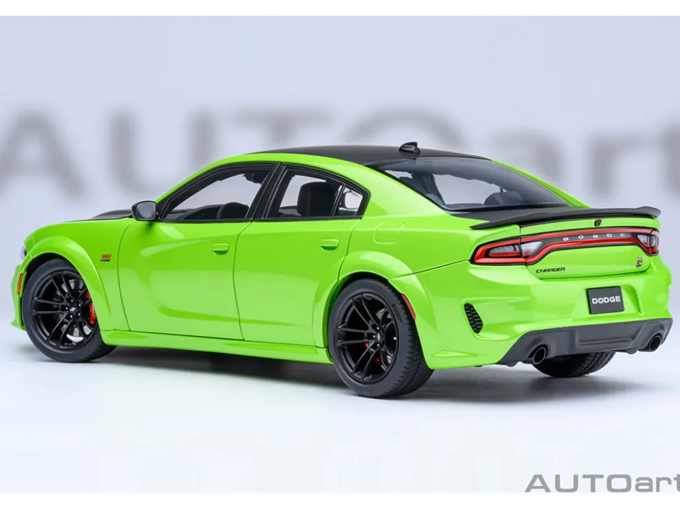 Dodge Charger Scat Pack Widebody Sublime Green with Matt Black Hood and Top 1/18 Model Car by Autoart