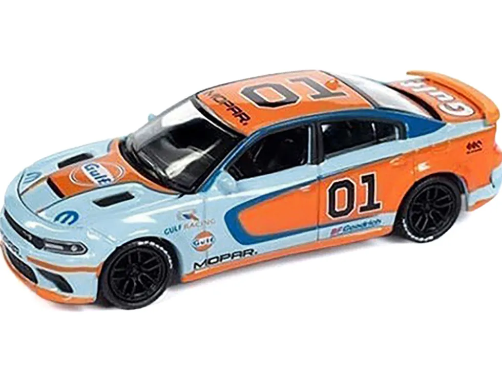 2021 Dodge Charger SRT Hellcat #01 "Gulf Oil-MOPAR" Light Blue and Orange Limited Edition to 4800 pieces Worldwide 1/64 Diecast Model Car by Auto World