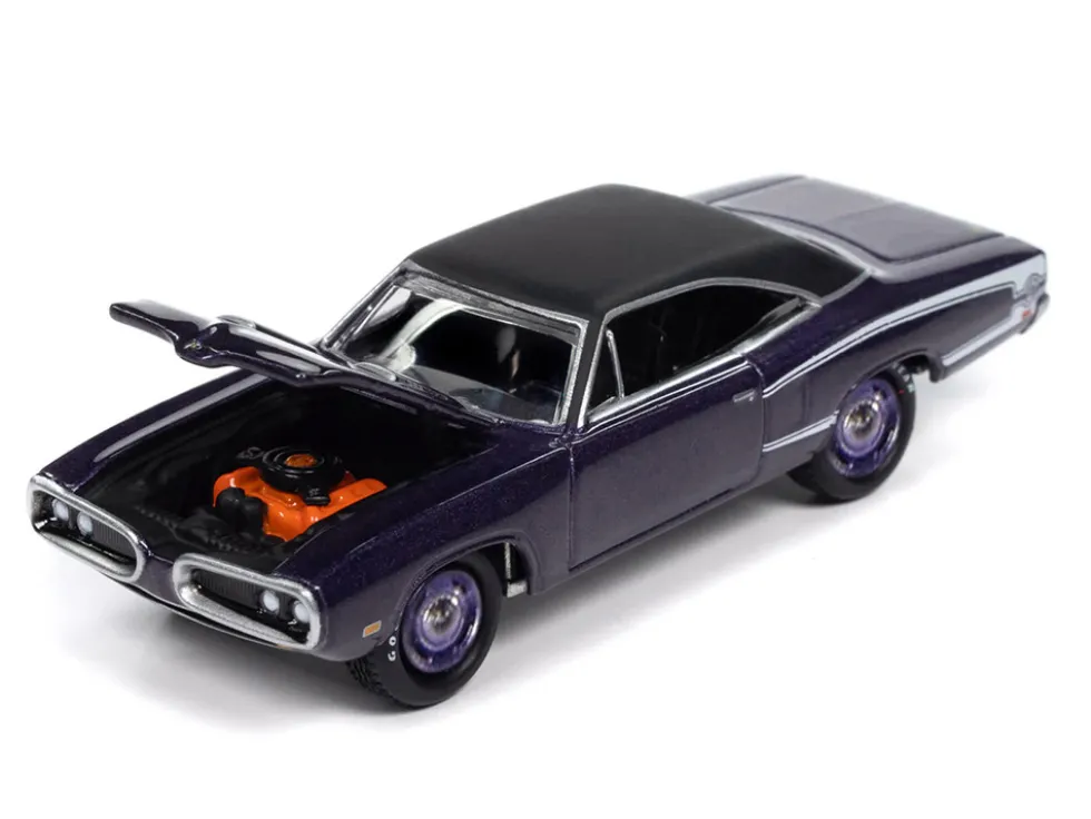 1970 Dodge Coronet Super Bee "Mr. Norm's" Plum Crazy Metallic with Black Top and White Stripes 1/64 Diecast Model Car by Johnny Lightning