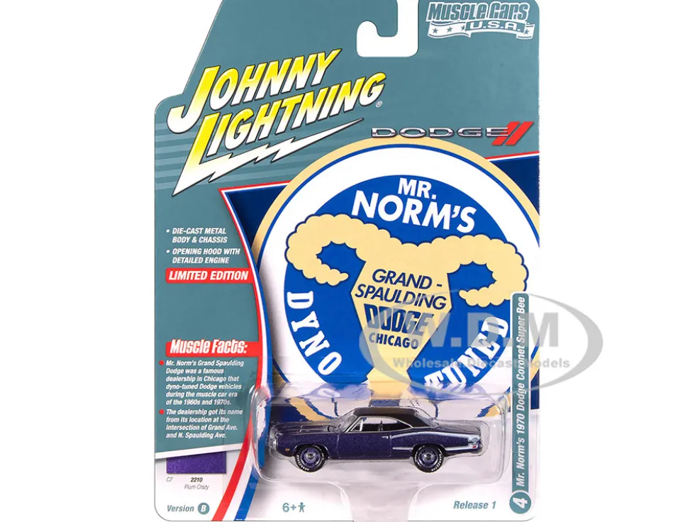 1970 Dodge Coronet Super Bee "Mr. Norm's" Plum Crazy Metallic with Black Top and White Stripes 1/64 Diecast Model Car by Johnny Lightning
