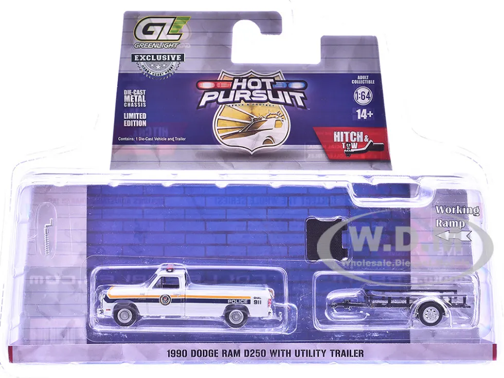 1990 Dodge Ram D250 Pickup Truck "Philadelphia, PA Police Department" White with Stripes and Utility Trailer "Hot Pursuit Hitch & Tow" Series 1 1/64 Diecast Model Cars by Greenlight