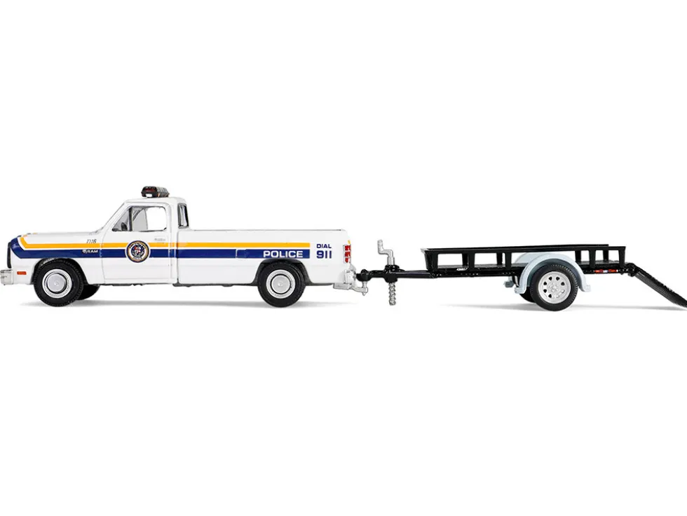1990 Dodge Ram D250 Pickup Truck "Philadelphia, PA Police Department" White with Stripes and Utility Trailer "Hot Pursuit Hitch & Tow" Series 1 1/64 Diecast Model Cars by Greenlight