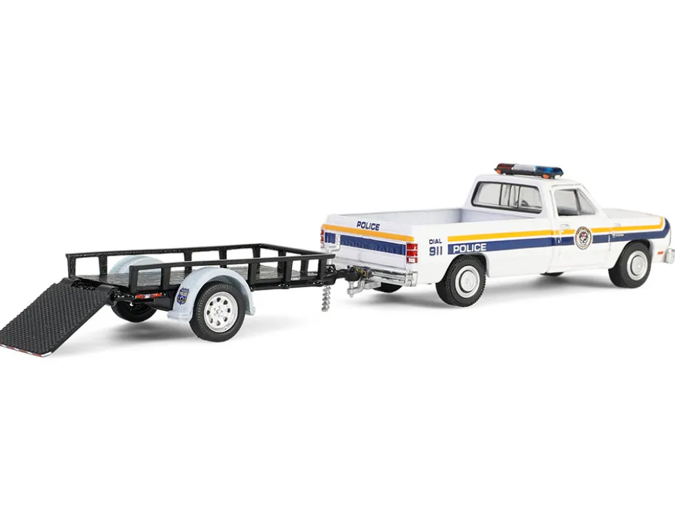 1990 Dodge Ram D250 Pickup Truck "Philadelphia, PA Police Department" White with Stripes and Utility Trailer "Hot Pursuit Hitch & Tow" Series 1 1/64 Diecast Model Cars by Greenlight
