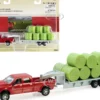 Dodge Ram 2500 Heavy Duty Pickup Truck Red Flatbed Trailer Silver 11 Hay Bales Set 3 pieces Case IH Agriculture Series 1/64 Diecast Models ERTL TOMY 14855