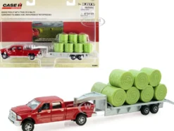 Dodge Ram 2500 Heavy Duty Pickup Truck Red Flatbed Trailer Silver 11 Hay Bales Set 3 pieces Case IH Agriculture Series 1/64 Diecast Models ERTL TOMY 14855