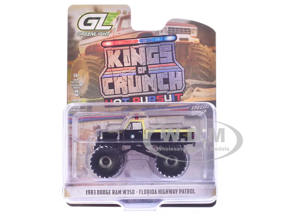 1983 Dodge Ram W350 Monster Truck "Florida Highway Patrol" Black with Cream Top and Stripes "Kings of Crunch - Hot Pursuit" Special Edition 1/64 Diecast Model Car by Greenlight