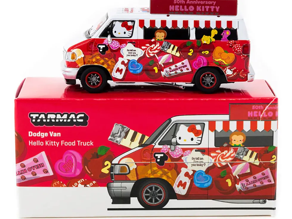 Dodge Van "Hello Kitty Food Truck" White and Red with Graphics "Global64" Series 1/64 Diecast Model by Tarmac Works