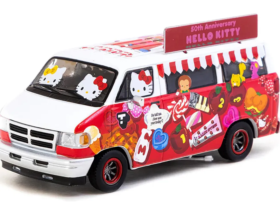Dodge Van "Hello Kitty Food Truck" White and Red with Graphics "Global64" Series 1/64 Diecast Model by Tarmac Works