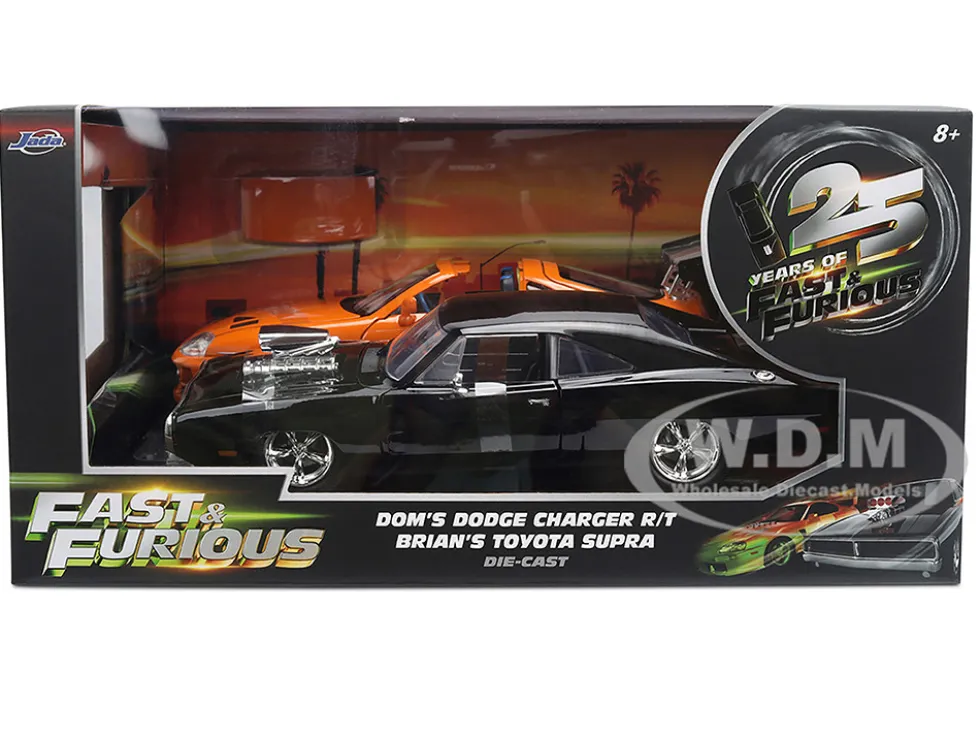 Dom's 1970 Dodge Charger R/T Black and Brian's Toyota Supra Orange with Graphics Set of 2 Cars "Fast & Furious 25th Anniversary" "Fast & Furious" Series 1/24 Diecast Model Cars by Jada